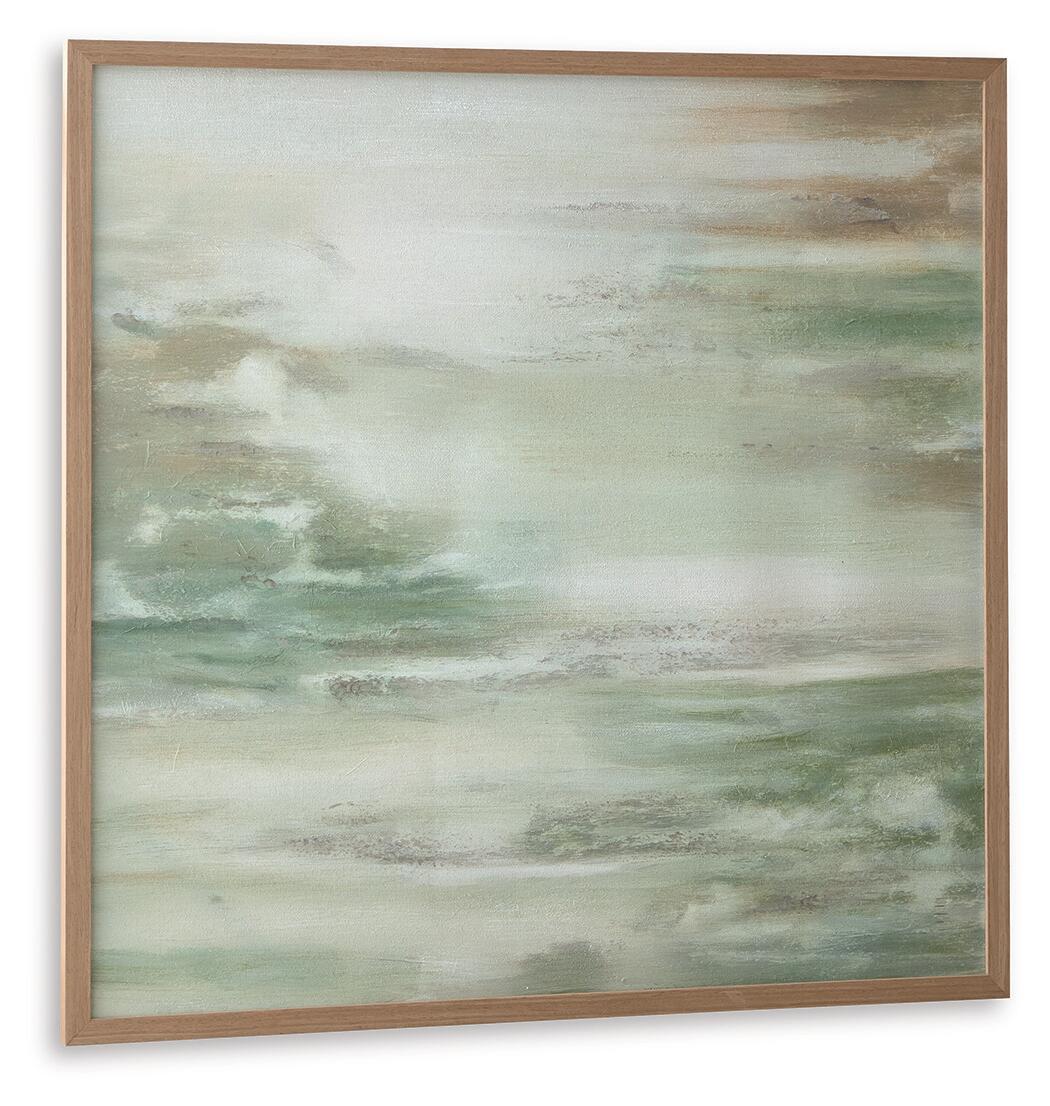 Daybourne abstract wall art with soft green clouds and beige-brown highlights, wood frame