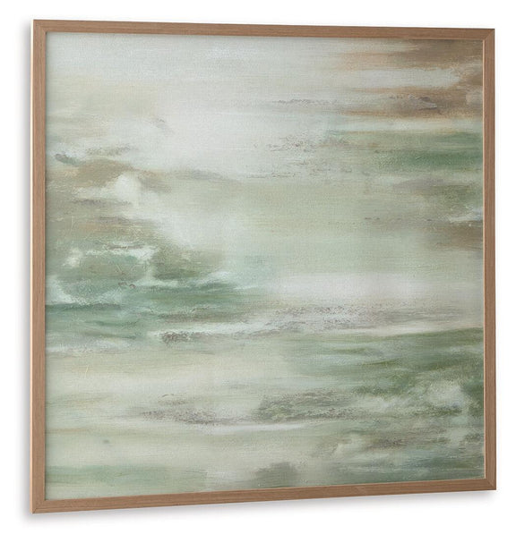 Daybourne abstract wall art with soft green clouds and beige-brown highlights, wood frame