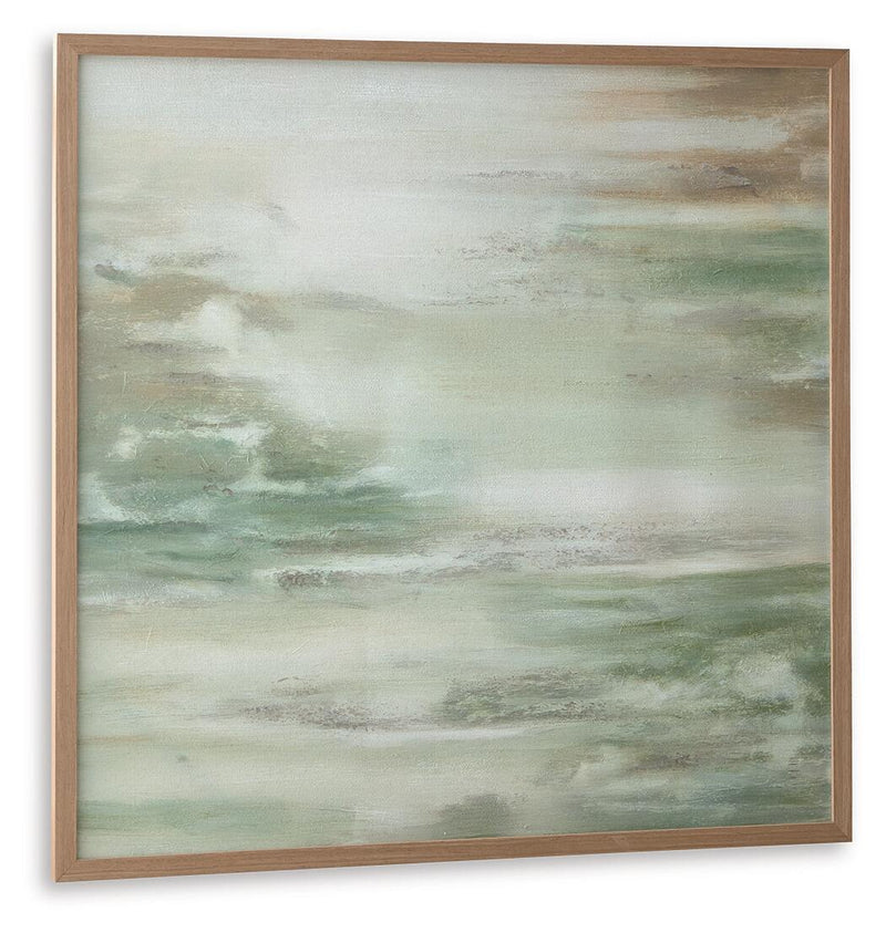 Daybourne abstract wall art with soft green clouds and beige-brown highlights, wood frame