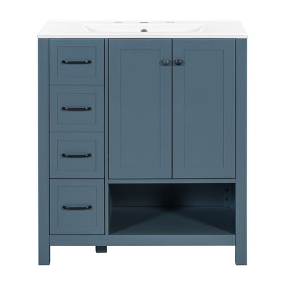 Blue bathroom vanity cabinet with sink top, 2 doors, 2 drawers, open shelf
