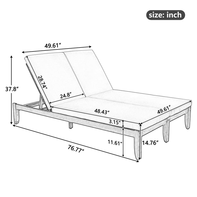 Adjustable patio lounge recliner diagram with beige cushions, walnut frame, inch dimensions