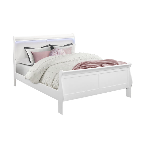 White bed frame with LED headboard and decorative pillows over a quilted comforter