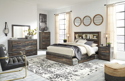 Wood-finish bookcase bed set with panel bed and matching dresser/chest pieces