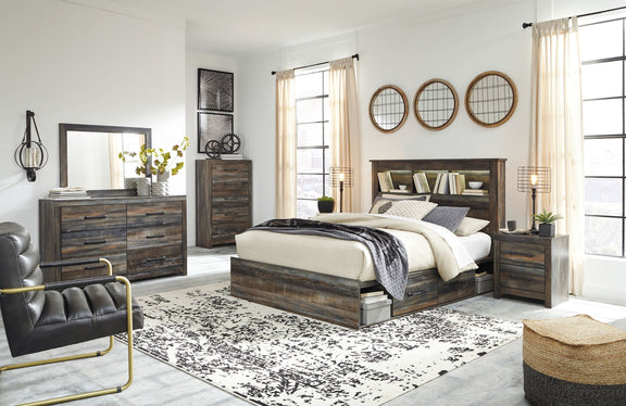 Wood-finish bookcase bed set with panel bed and matching dresser/chest pieces