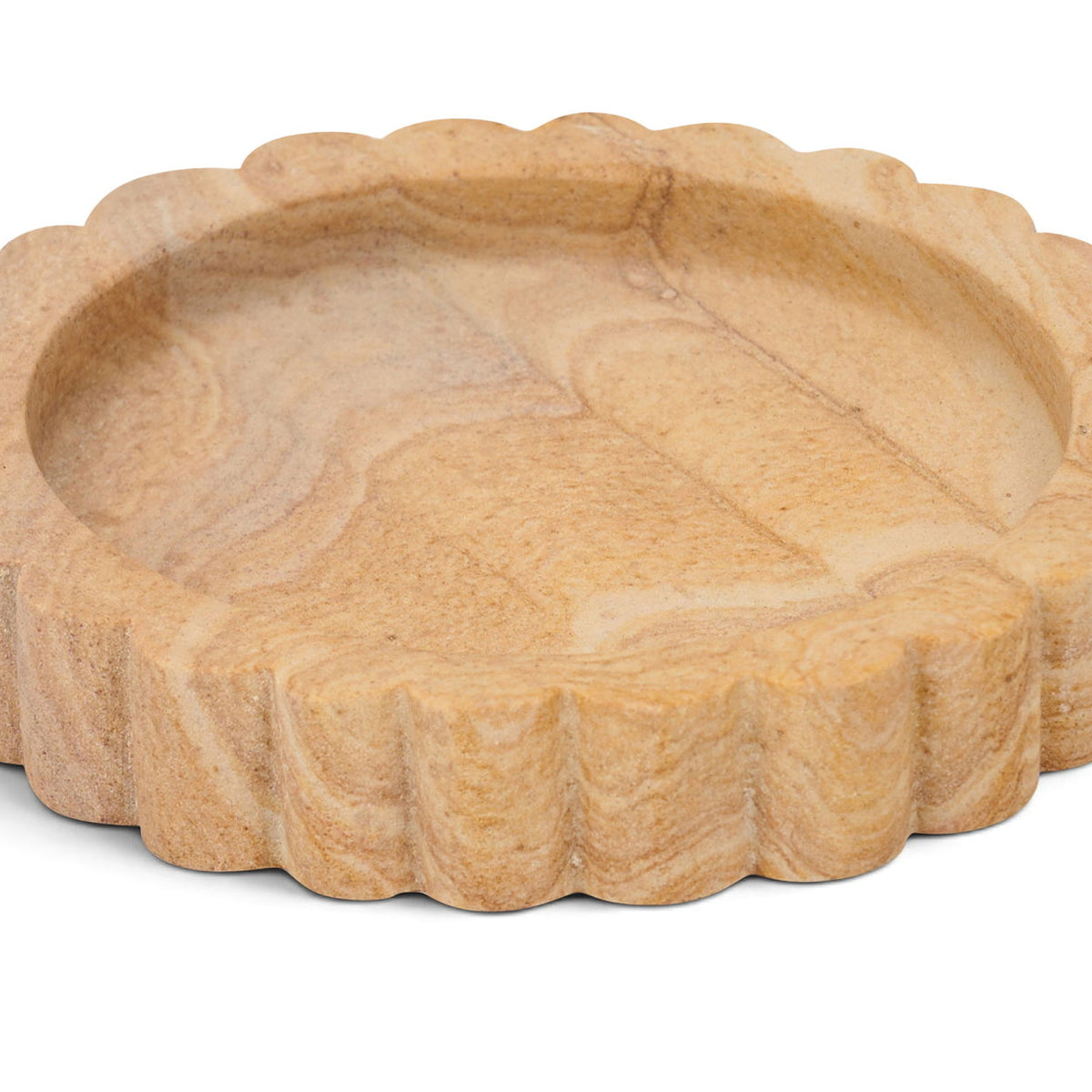 Sandstone tray in sand color with scalloped edge, shallow round serving dish