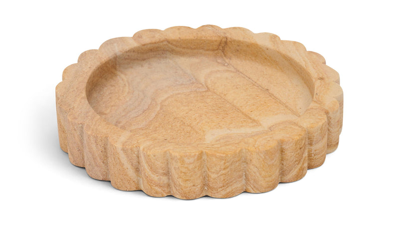 Sandstone tray in sand color with scalloped edge, shallow round serving dish