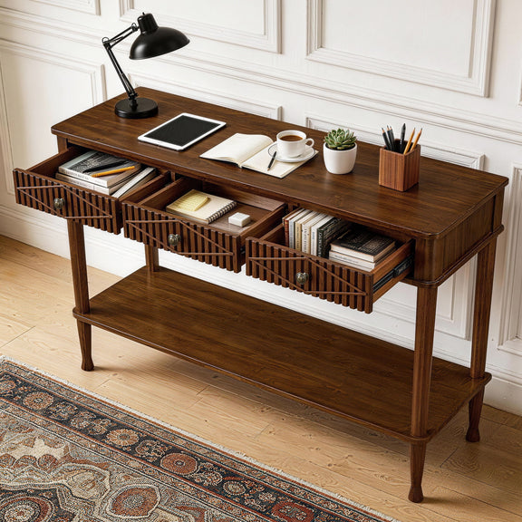 Walnut console table with three open drawers, an open lower shelf, and tapered legs