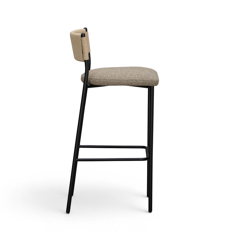 Celine boucle bar stool, side view: beige upholstered back and seat, black metal frame.