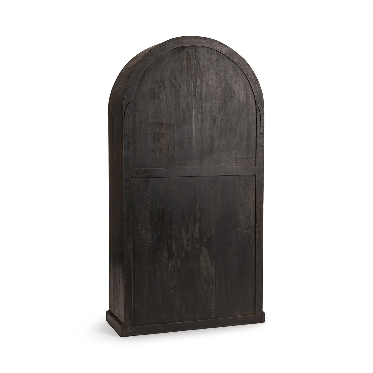 Dark distressed arched wood bookcase with smooth front panel and rounded arch shape