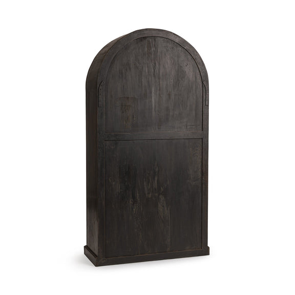 Dark distressed arched wood bookcase with smooth front panel and rounded arch shape