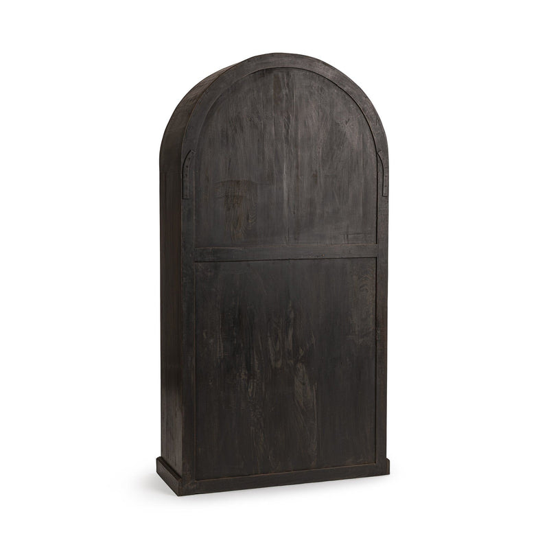 Dark distressed arched wood bookcase with smooth front panel and rounded arch shape