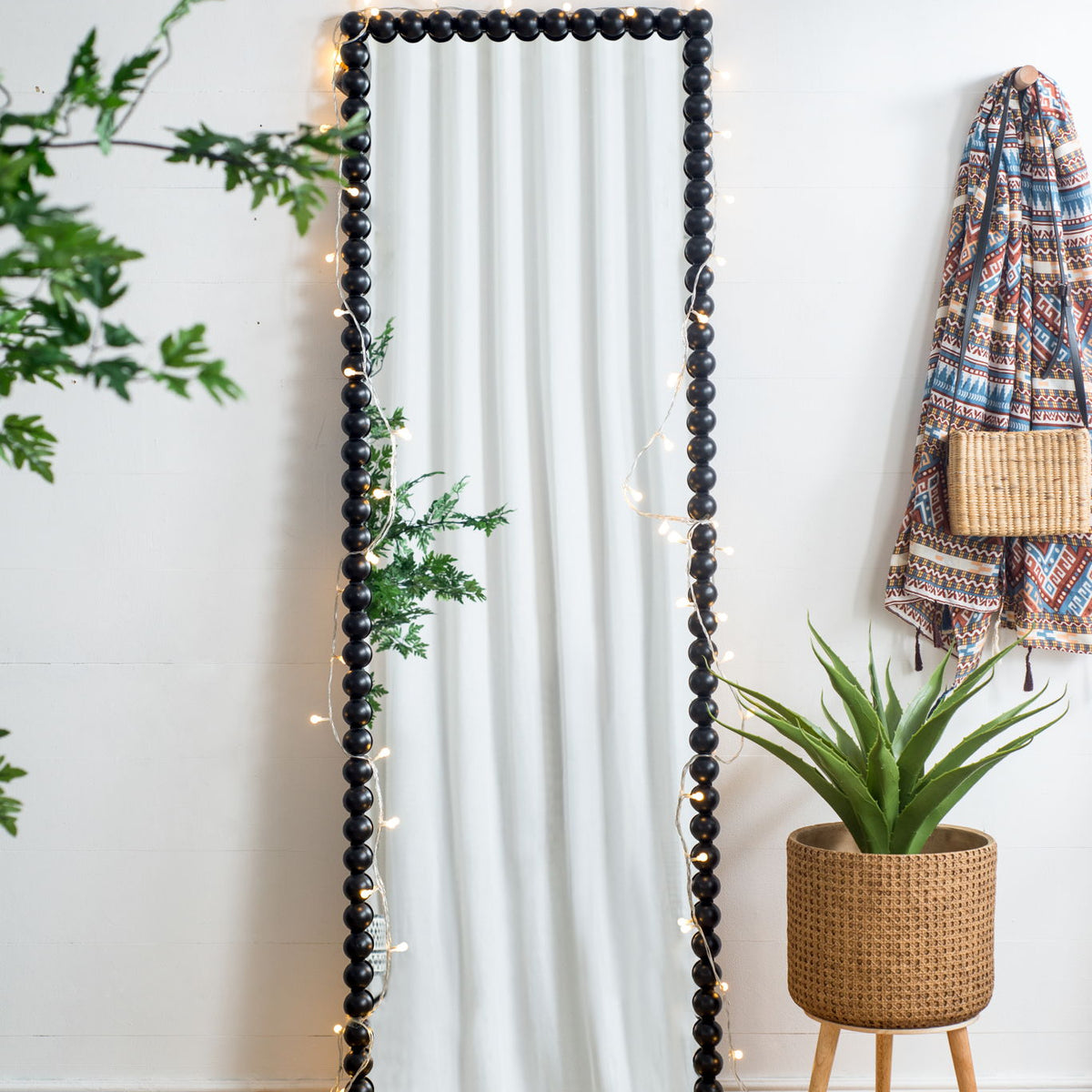 Full Length Mirror With Metal Beaded Frame, Rectangular Oversized Mirror For Living Room Bedroom - Black