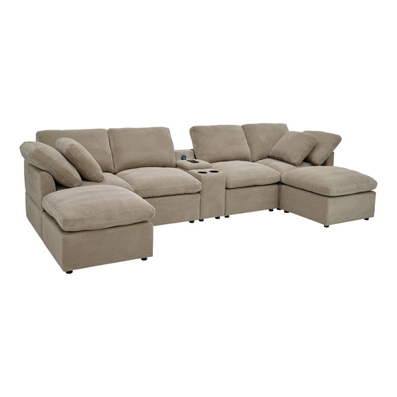 Light brown modular sectional sofa with plush cushions and a corner chaise
