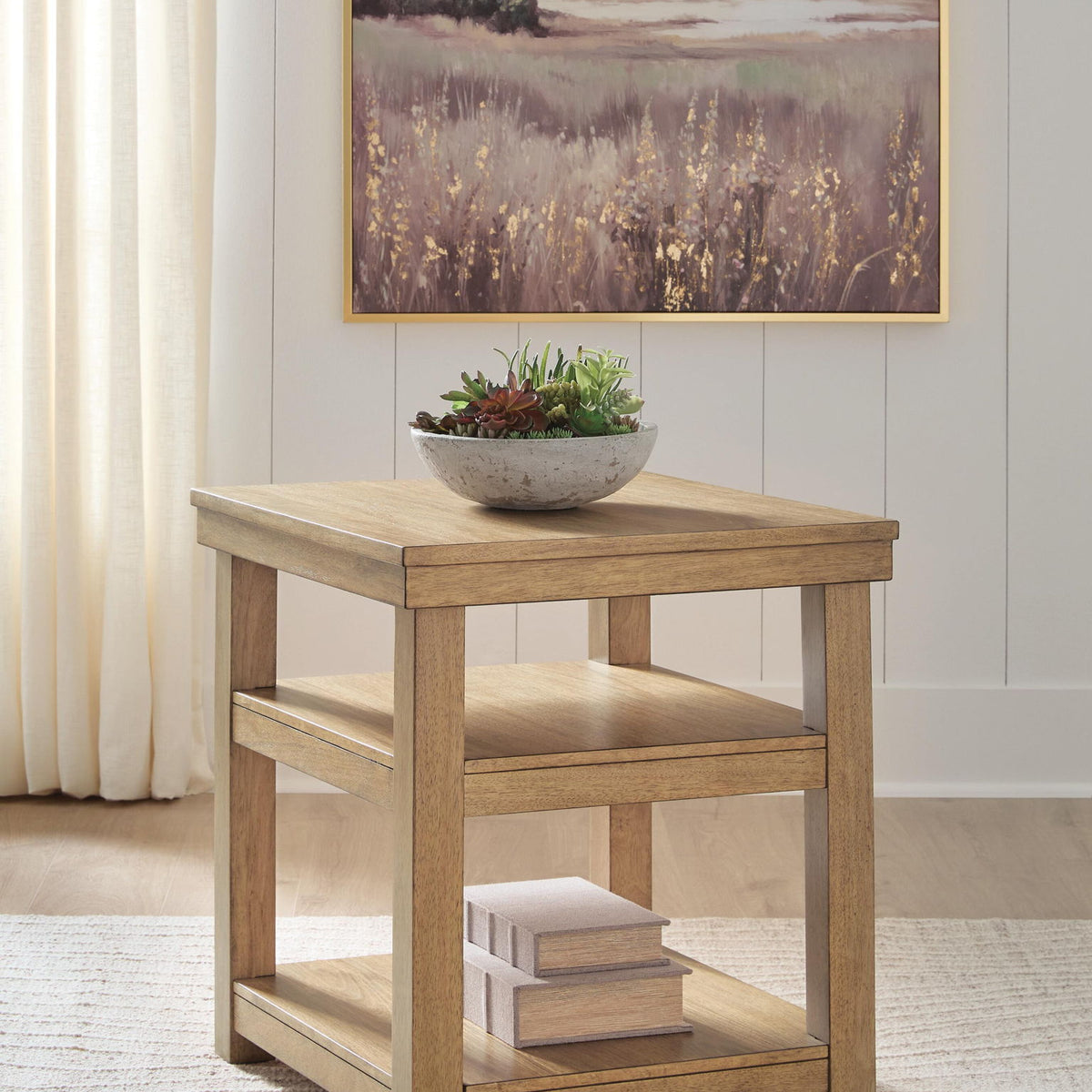 Natural wood end table with open lower shelf, square legs, and flat tabletop