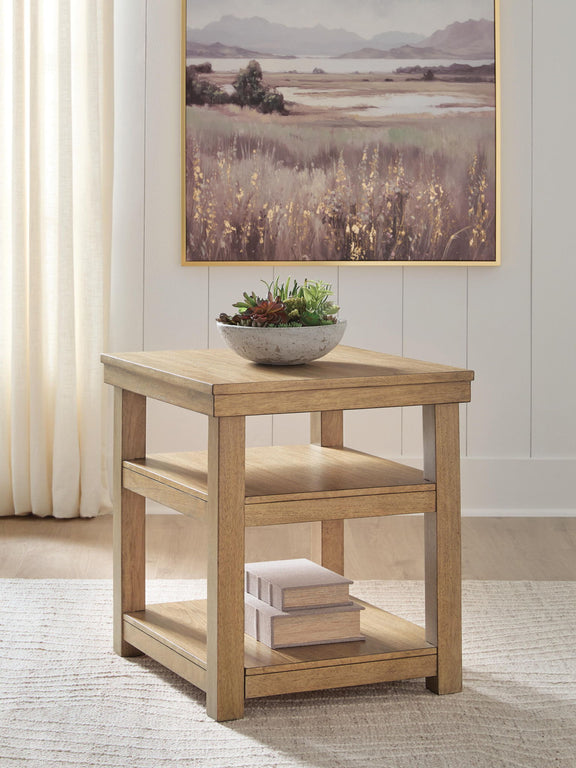 Natural wood end table with open lower shelf, square legs, and flat tabletop