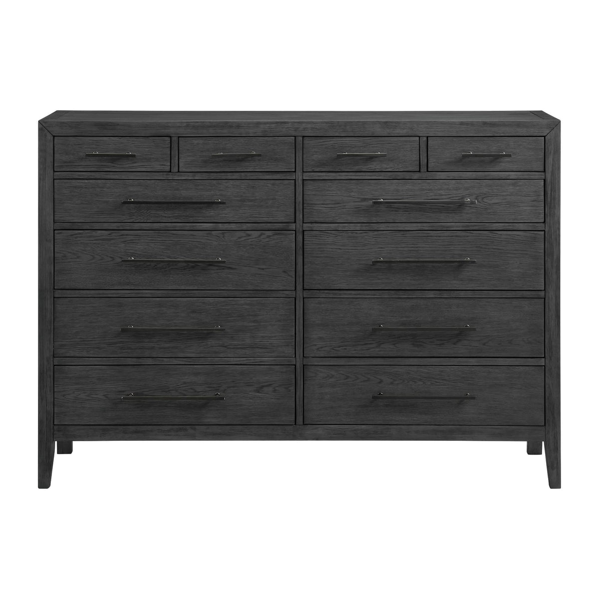 Front view of a black 12-drawer dresser with a symmetrical layout and metal pulls.