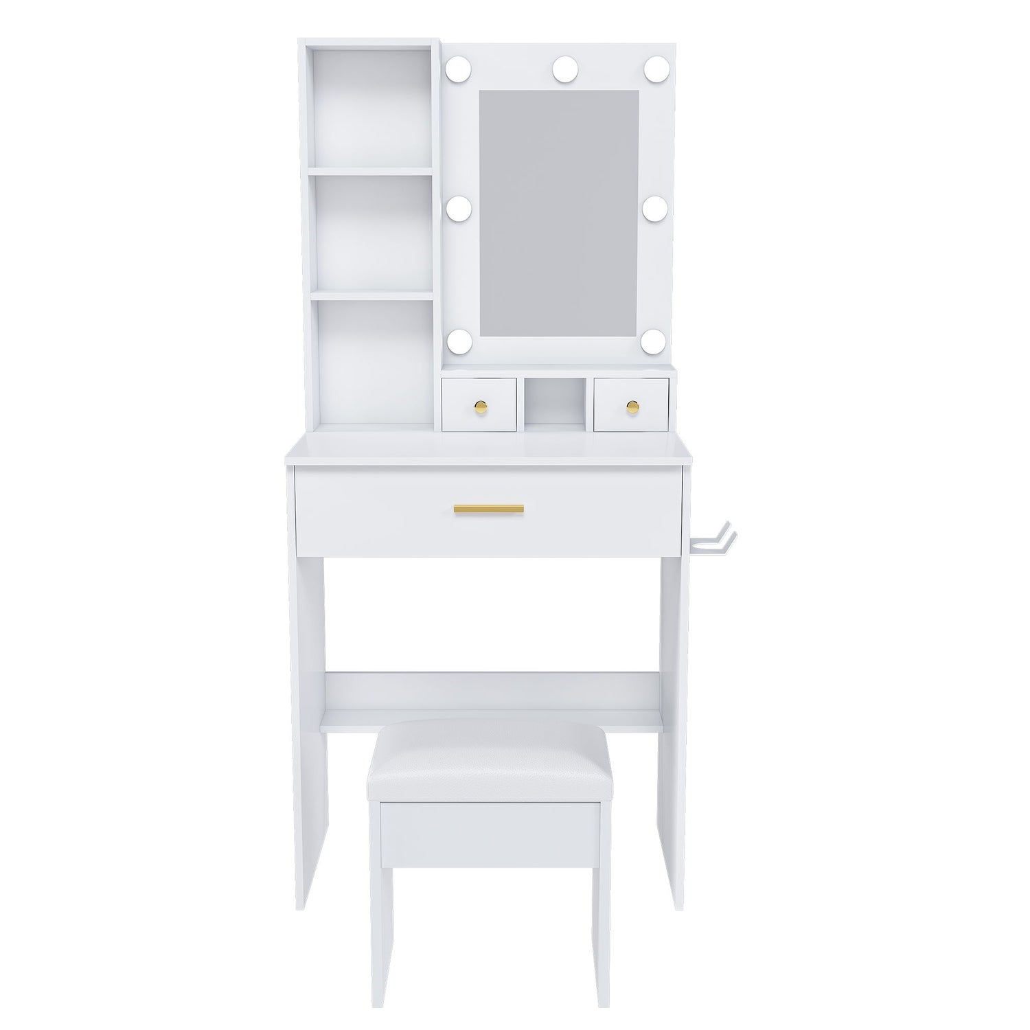 Vanity Table With Mirror, Adjustable LED Lights, Power Outlet, Hairdryer Holder & Stool