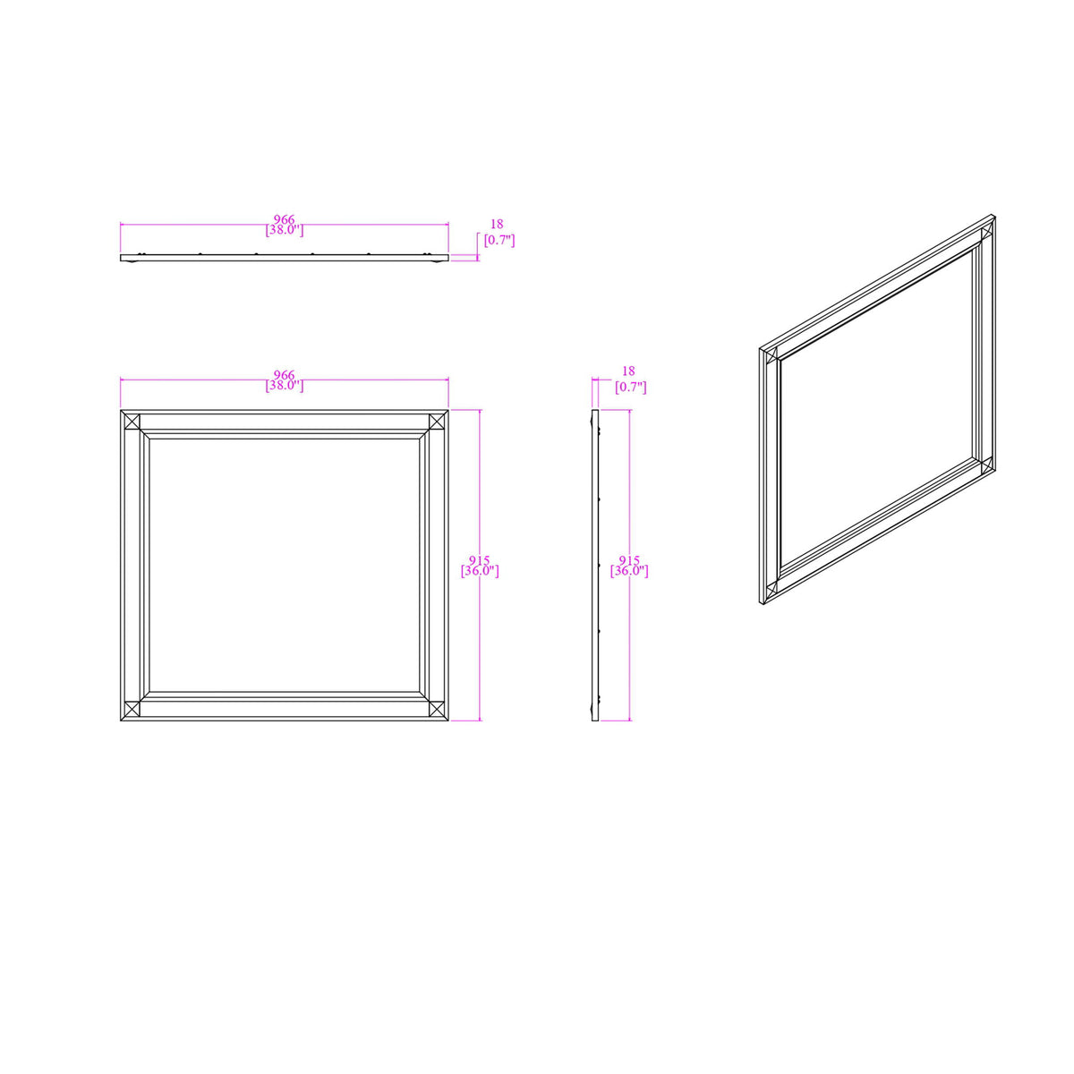 Mirror dimensions diagram with front frame view and side thickness measurements