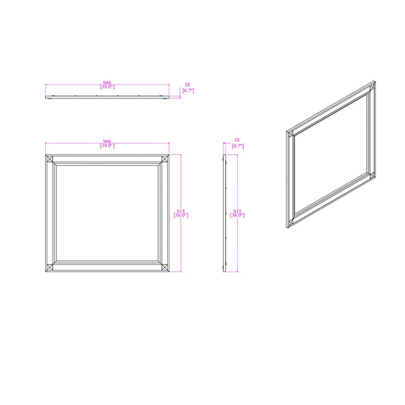 Mirror dimensions diagram with front frame view and side thickness measurements