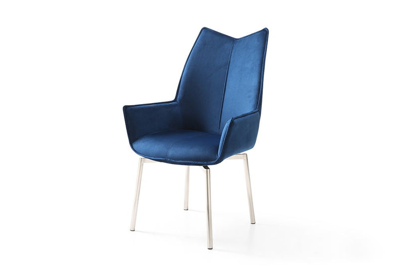 Blue swivel dining chair with cushioned seat, tall backrest, and slim metal legs