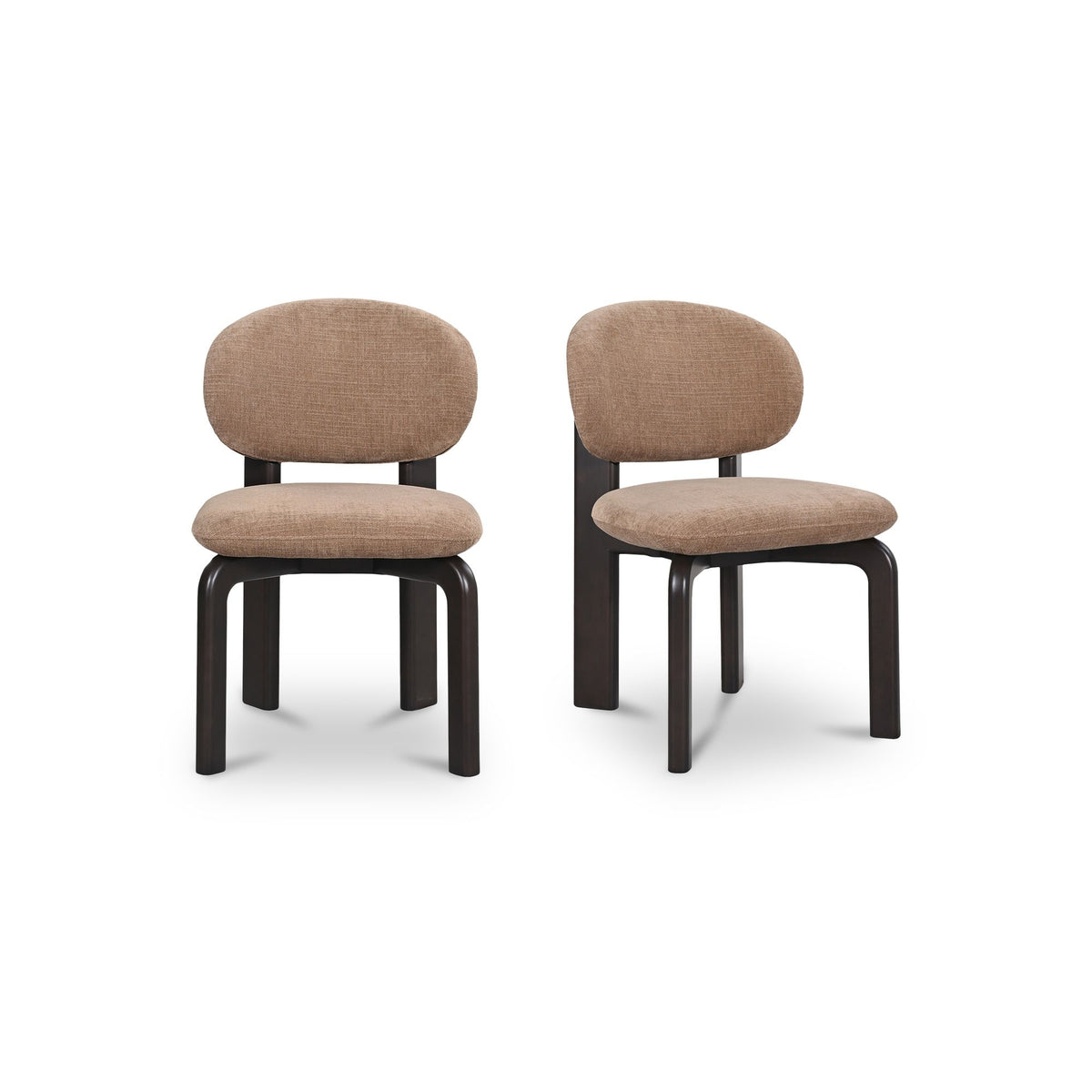 Set of 2 dining chairs with tan upholstered seat and rounded back, dark brown wooden legs