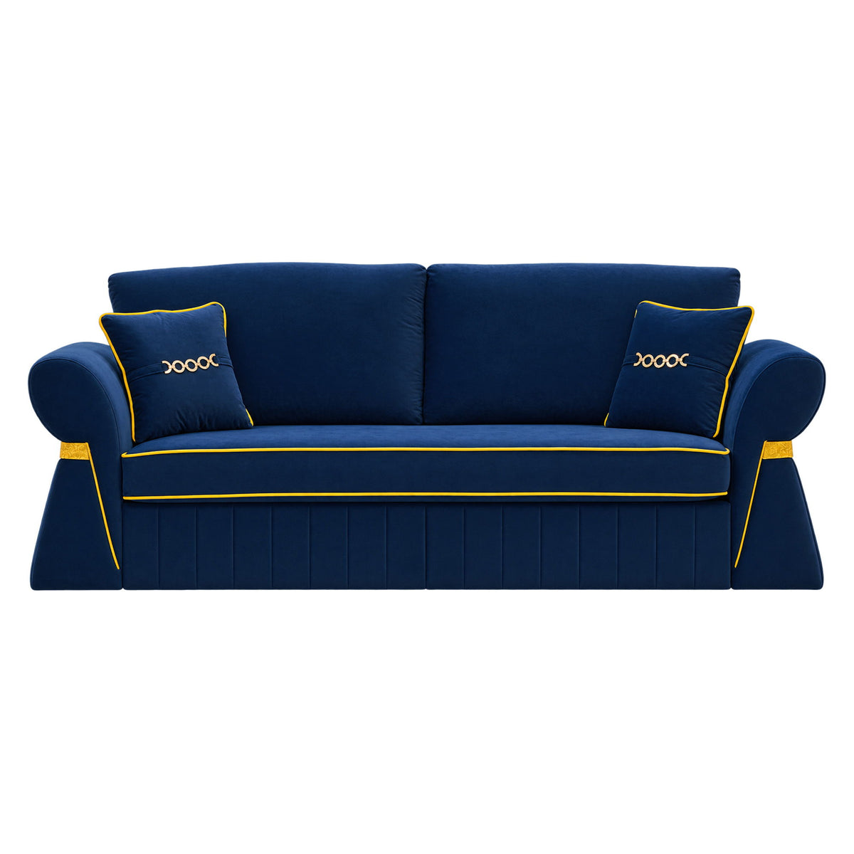 Navy blue three-seat sofa with two cushions and gold-tone piping