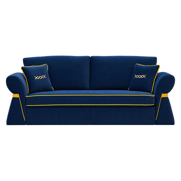 Navy blue three-seat sofa with two cushions and gold-tone piping