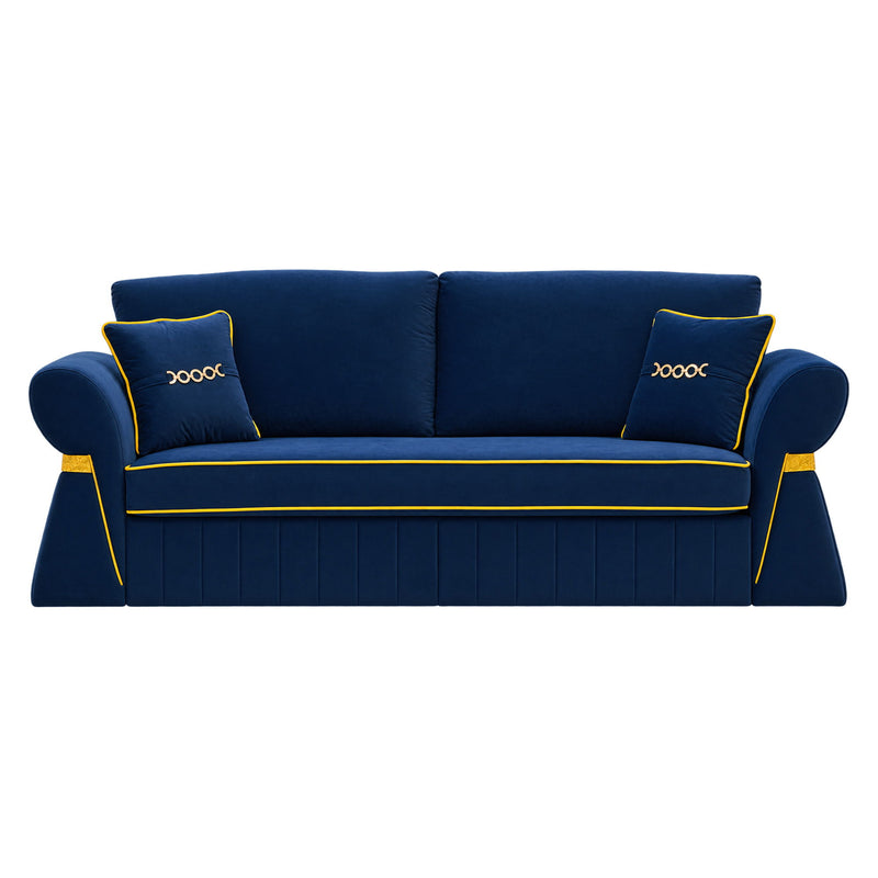 Navy blue three-seat sofa with two cushions and gold-tone piping
