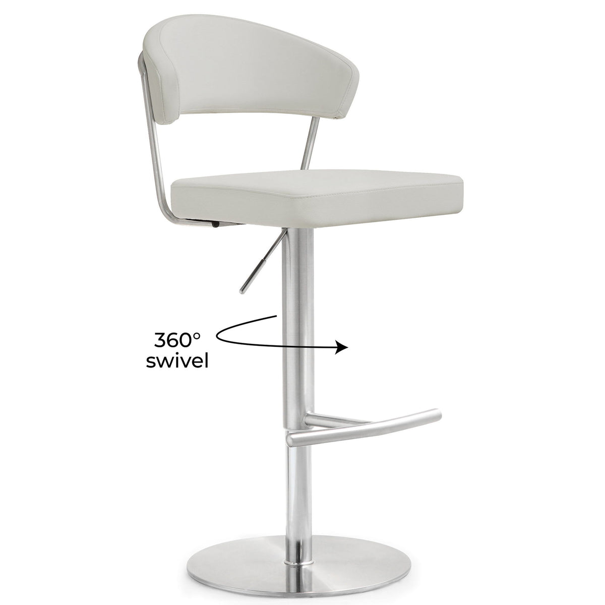 White barstool with curved padded back and seat, chrome pedestal base, and side footrest.