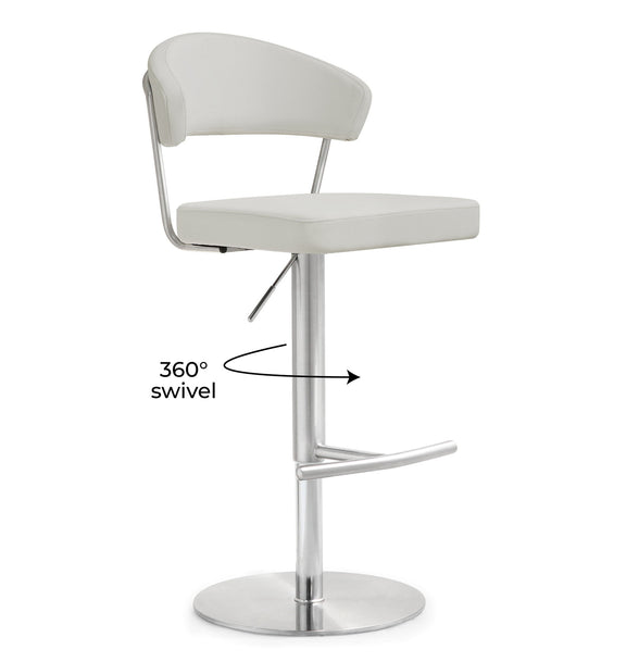 White barstool with curved padded back and seat, chrome pedestal base, and side footrest.
