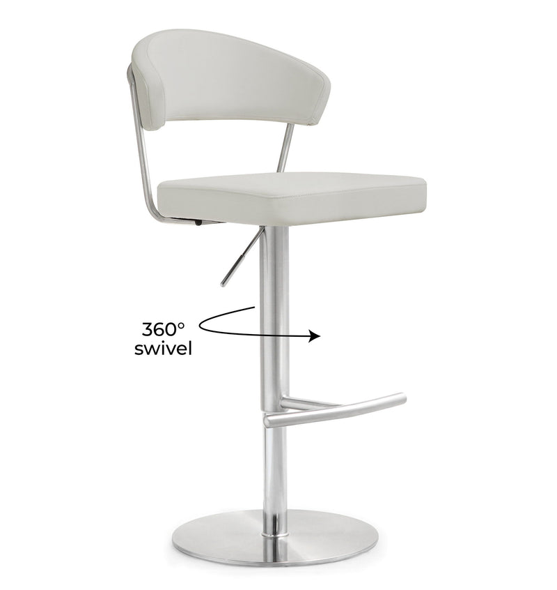 White barstool with curved padded back and seat, chrome pedestal base, and side footrest.