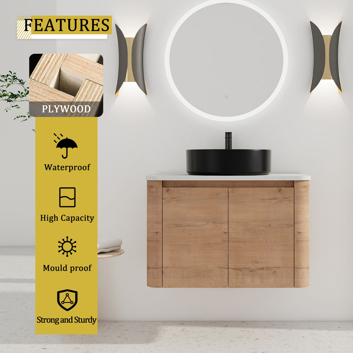 Wall-mounted bathroom vanity cabinet with light wood finish and black round vessel sink