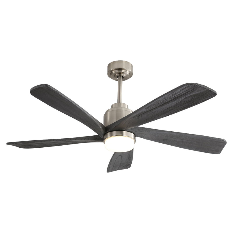 Nickel ceiling fan with five dark gray blades and integrated round LED light.