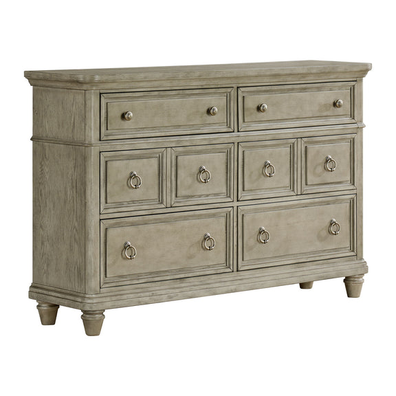 Light gray door chest with multiple drawers and metal knobs