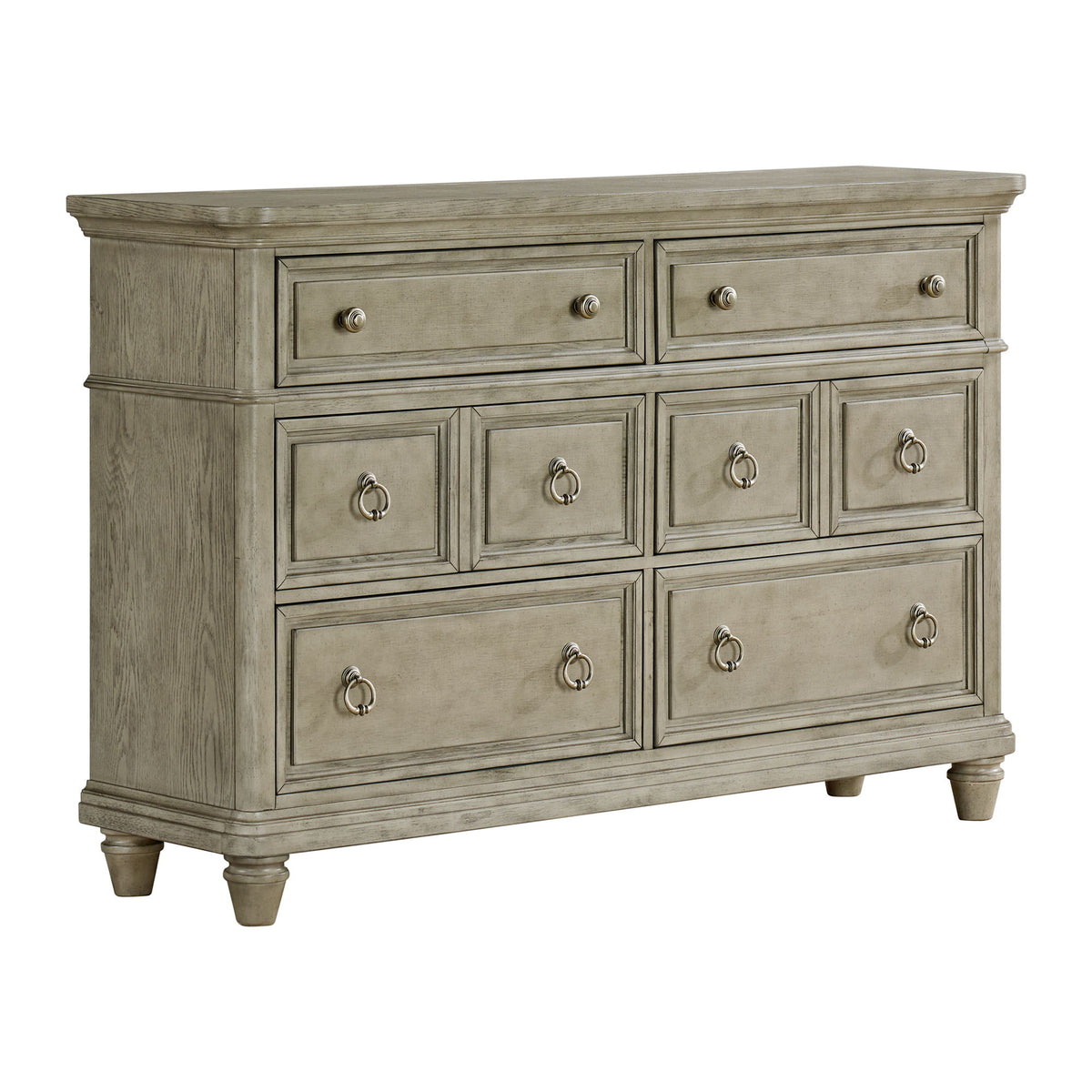 Gray panel dresser with multiple drawers and metal knobs on short legs.