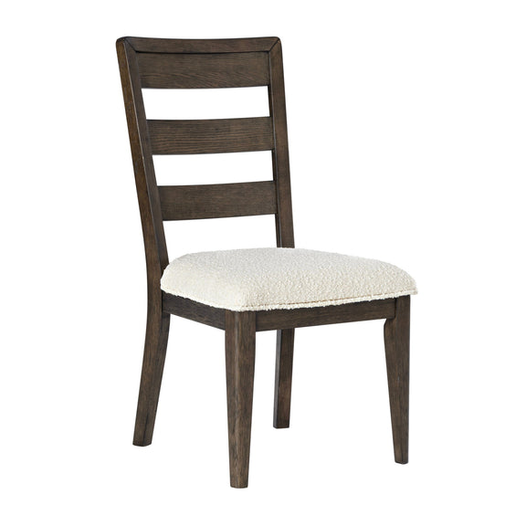 Dark brown dining chair with ladder back and beige upholstered seat.
