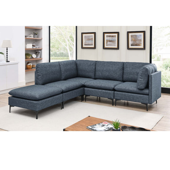 Blue modular sectional sofa with tall legs, chaise ottoman, thick upholstered cushions