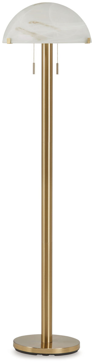 Brass metal floor lamp with white dome shade and hanging beaded tassels