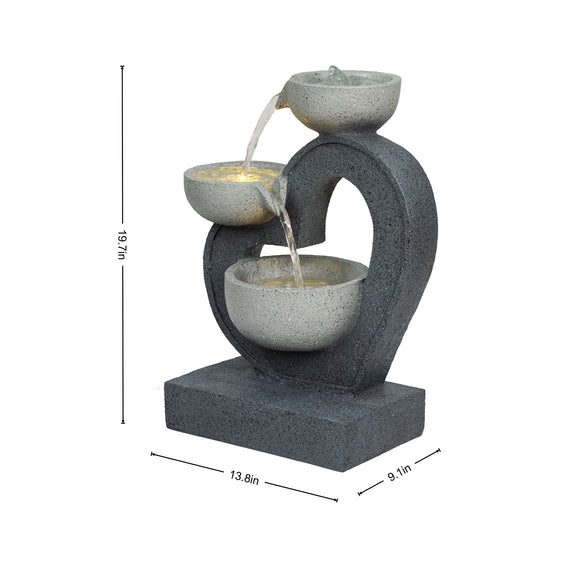 Three-tier gray stone-textured fountain with cascading water and size measurements