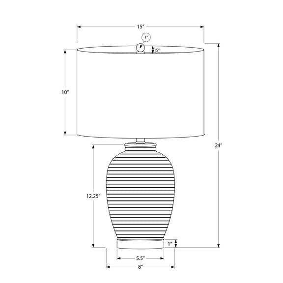 Ceramic table lamp with white drum shade, with size diagram