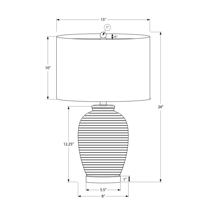 Ceramic table lamp with white drum shade, with size diagram