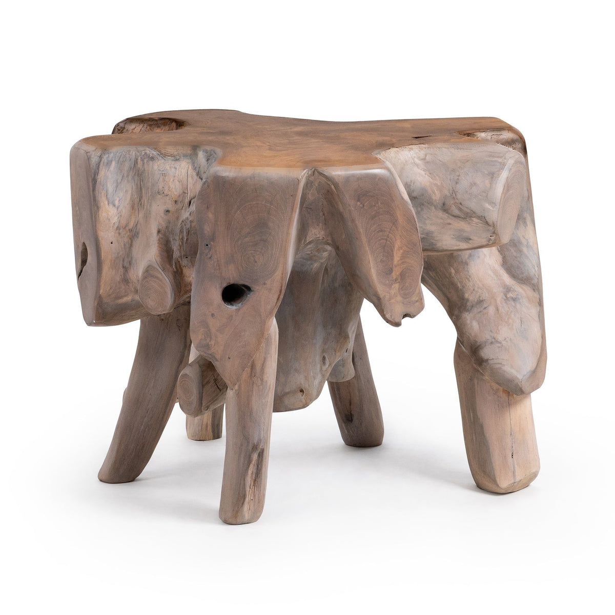 Root end table with warm brown and light wood panels, sculpted legs, and slab top