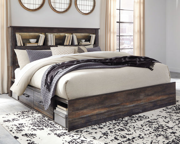 Panel bookcase bed with open shelf headboard and dark wood frame, side storage drawers.