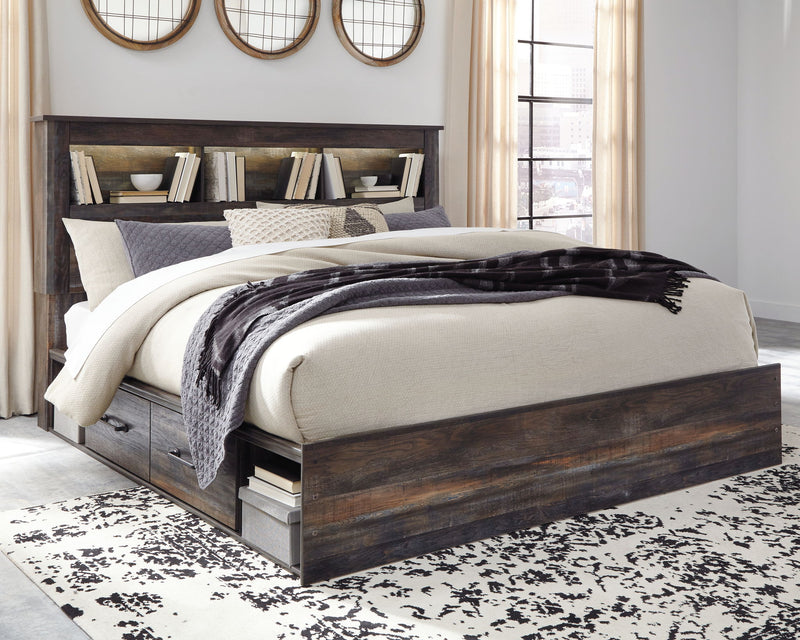 Panel bookcase bed with open shelf headboard and dark wood frame, side storage drawers.