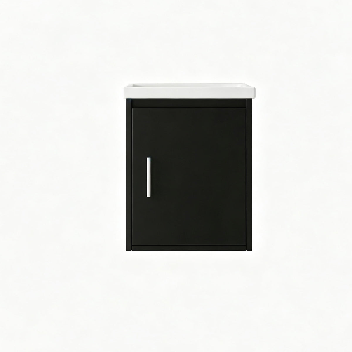 Wall-mounted bathroom vanity cabinet with sink, black door and slim metal handle