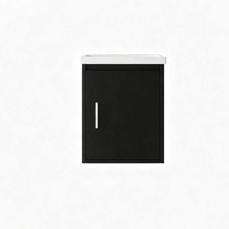 Wall-mounted bathroom vanity cabinet with sink, black door and slim metal handle