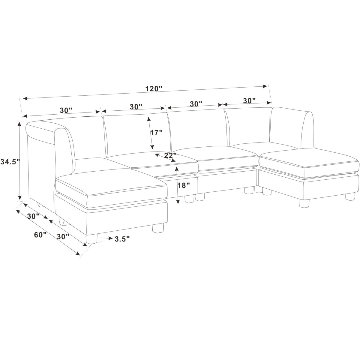 Upholstered modular sectional sofa diagram with chaise seat and ottoman