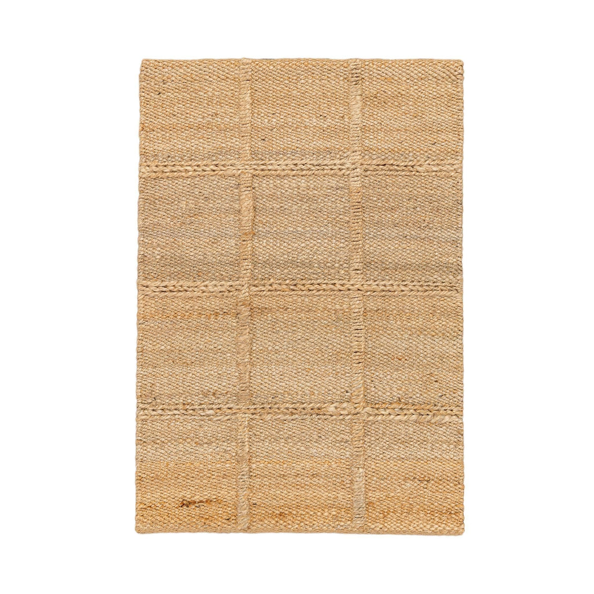 Sand jute area rug square with woven grid squares and natural tan color