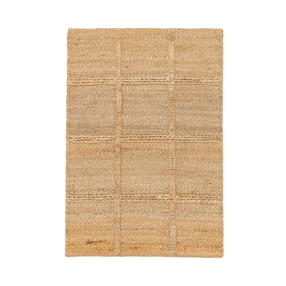 Sand jute area rug square with woven grid squares and natural tan color
