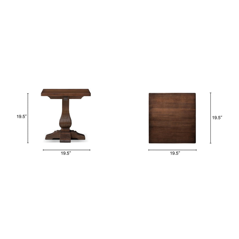 Brown end table with square top and pedestal base, 19.5 in sides